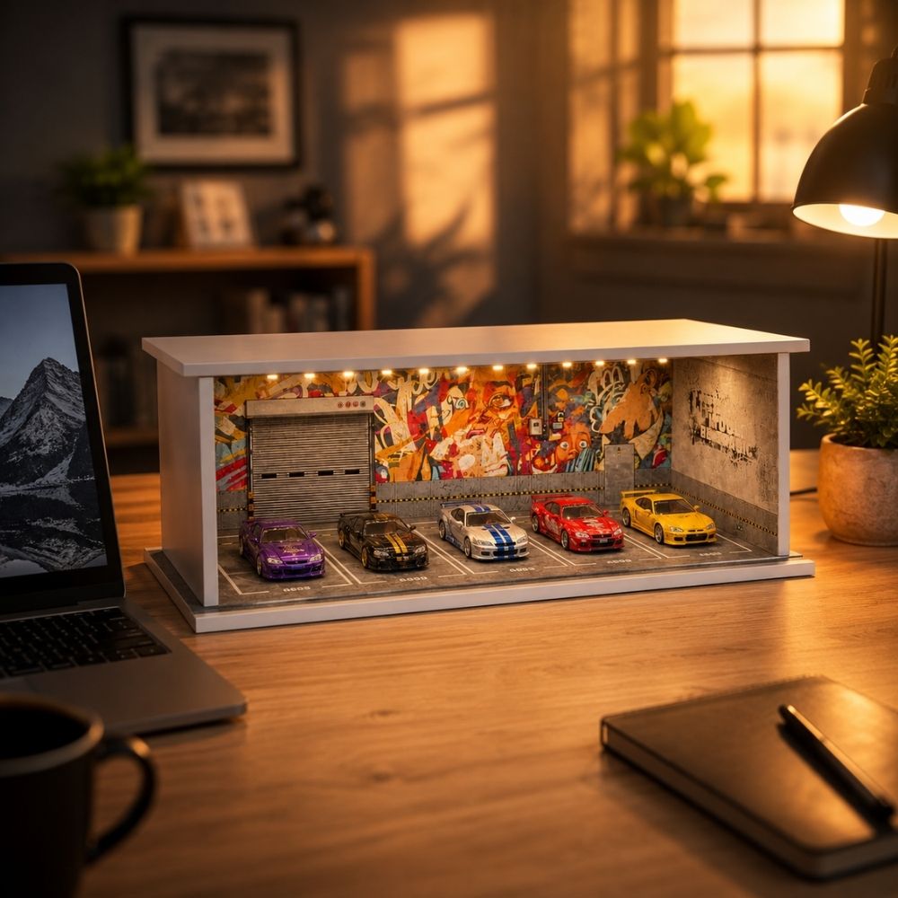 Premium 1:64 Scale Diecast Display Garage Diorama with LED Lights | MDF Collector Display Case for Hot Wheels, Mini GT, Tarmac Works & Tomica