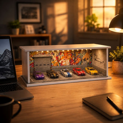 Premium 1:64 Scale Diecast Display Garage Diorama with LED Lights | MDF Collector Display Case for Hot Wheels, Mini GT, Tarmac Works & Tomica
