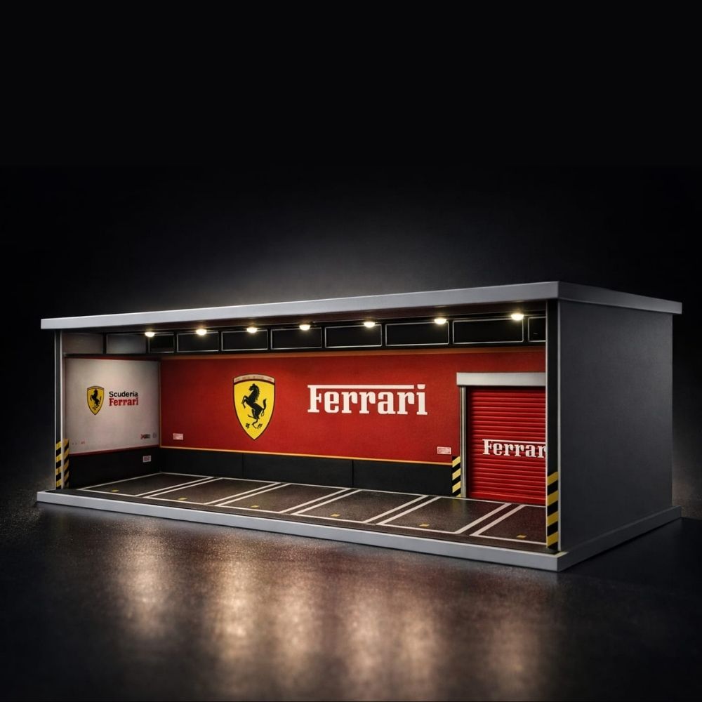 Ferrari Inspired Racing Garage Diorama Display Case for 1:64 Scale Diecast Cars