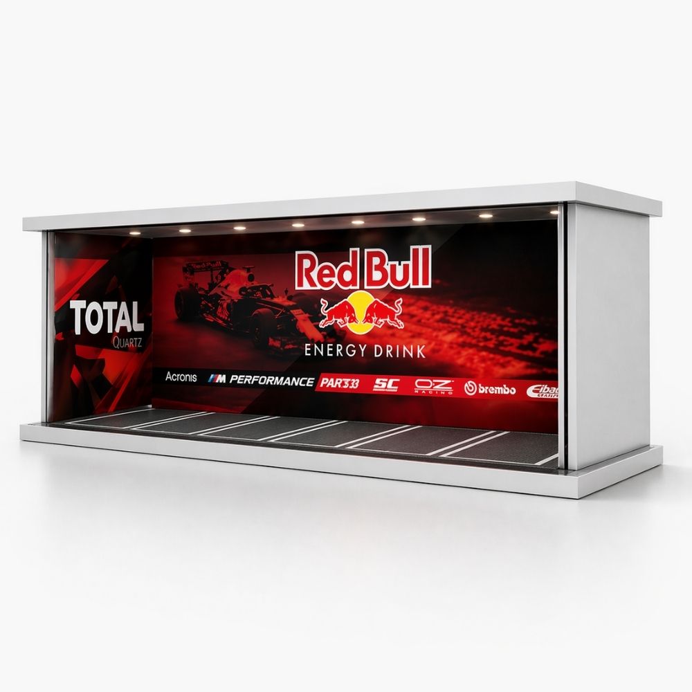 Premium Formula Racing Garage Diorama Display Case for 1:64 Scale Diecast Cars
