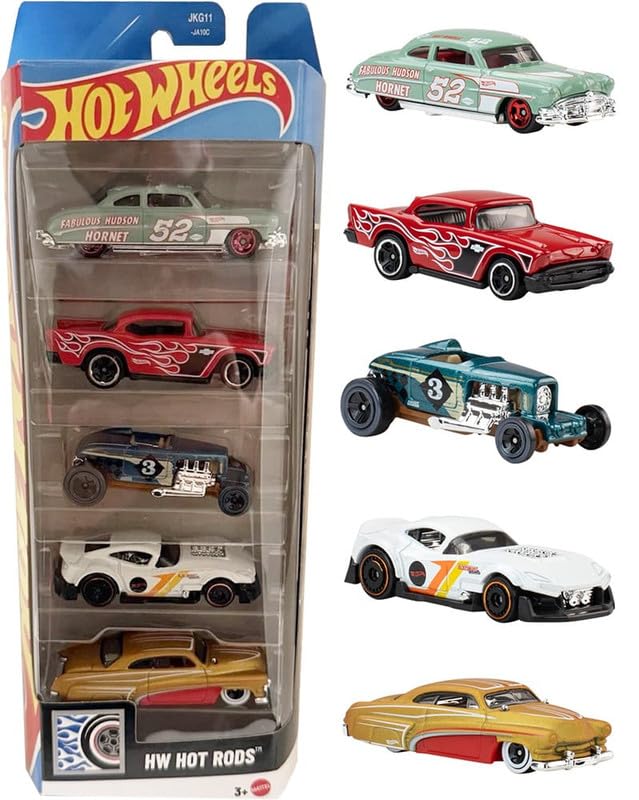 Hot Wheels Car 2026 HW Hot Rods Pack of 5 (57 Chevy, 52 Hudson Hornet, Maz Steel, Herohata MERC, Muscle and Brown) Multi - Color
