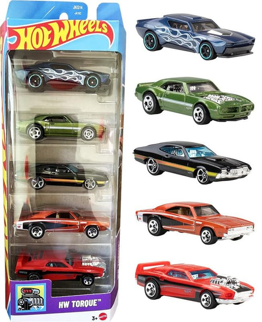 Hot Wheels Car 2026 HW Torque Pack of 5 (72 Ford Gran Torino Sport, Rivited, 69 Dodge Charger 500, Custom 67 Pontiac Firebird, Muscle Bound) Multi - Color