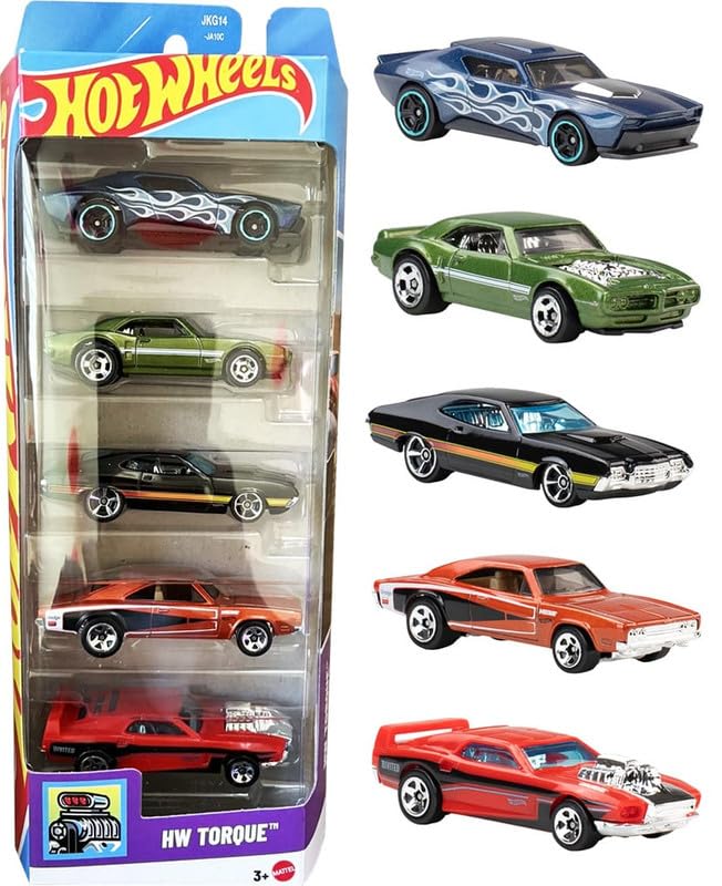 Hot Wheels Car 2026 HW Torque Pack of 5 (72 Ford Gran Torino Sport, Rivited, 69 Dodge Charger 500, Custom 67 Pontiac Firebird, Muscle Bound) Multi - Color