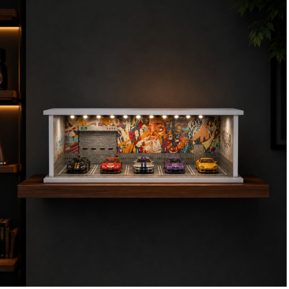 Premium 1:64 Scale Diecast Display Garage Diorama with LED Lights | MDF Collector Display Case for Hot Wheels, Mini GT, Tarmac Works & Tomica