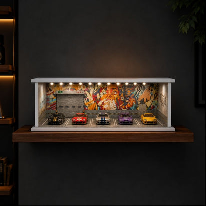 Premium 1:64 Scale Diecast Display Garage Diorama with LED Lights | MDF Collector Display Case for Hot Wheels, Mini GT, Tarmac Works & Tomica