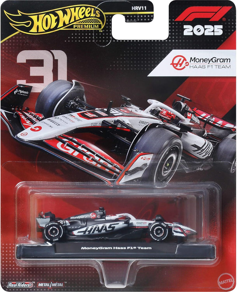 Hot Wheels 1:64 Scale Premium Race Team HAAS - Driver 1 Die-Cast Formula 1® Collectible Toy Race Car with Real Riders Tires & Metal/Metal Body & Chassis